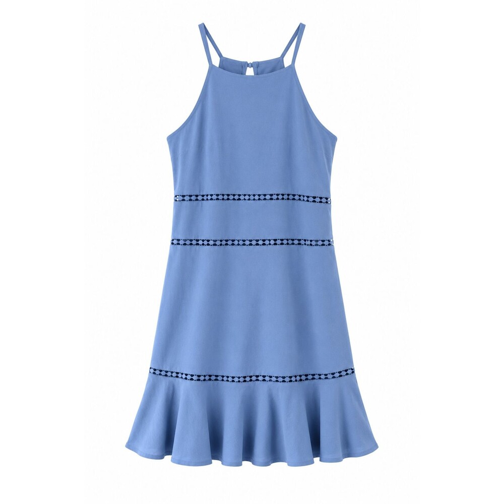 Blue Fit Flare Dress Cutout Crochet Trim Ruffle Hem Sleeveless Party Size 9